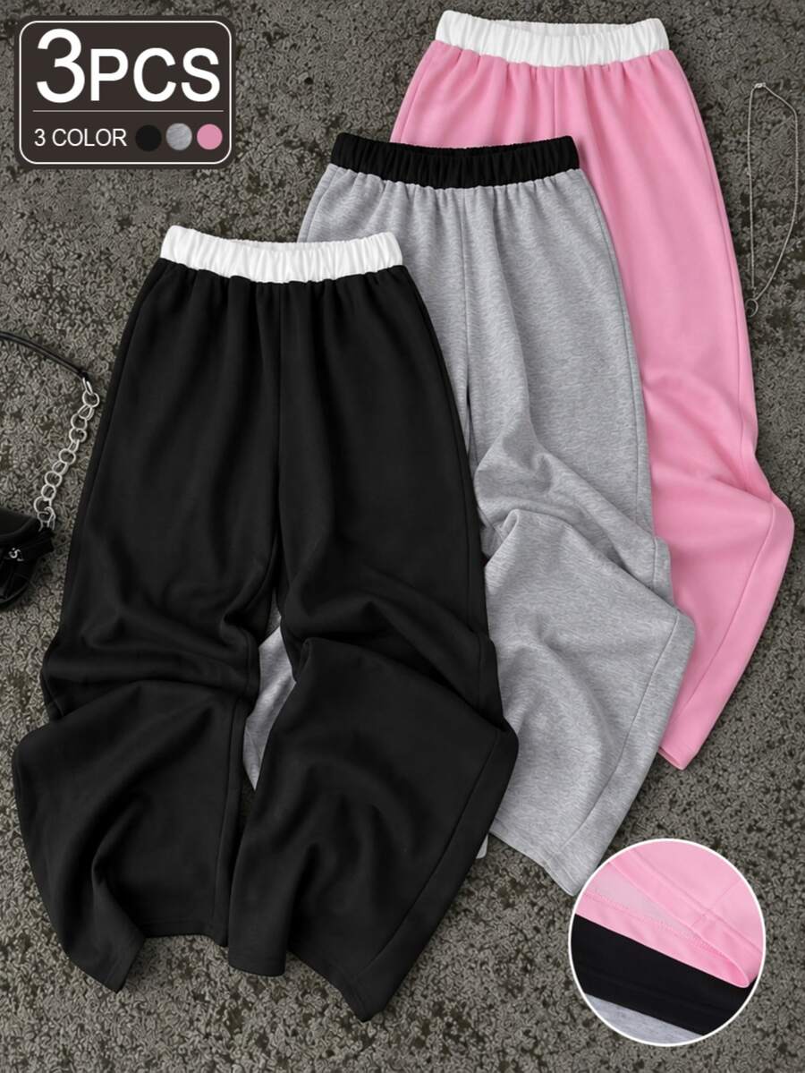 SHEIN Teen Girls Sweatpants, 3pcs Set, Baggy Cute, Loose, Elastic Waist, Summer, Drawstring, Cuffed, Knitted, Sport Cycling Black White Pink Autumn Winter