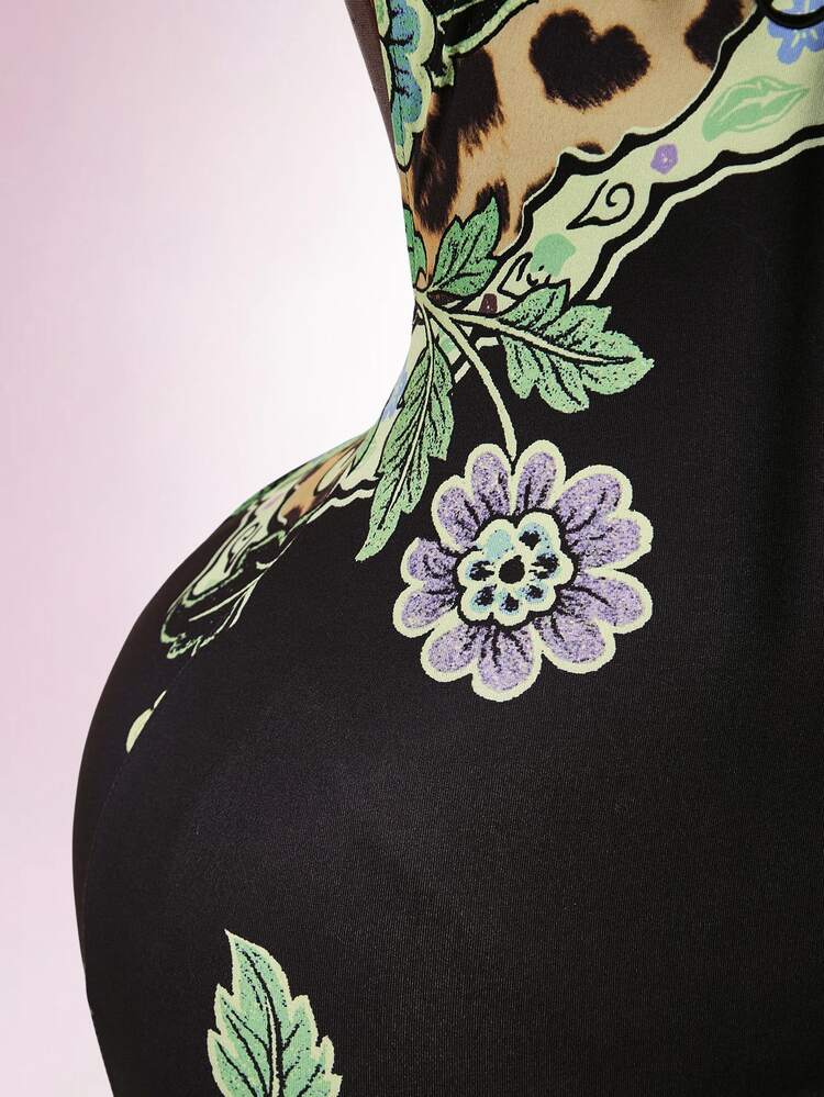 Amplova Women's Mini Dress, New Chinese Style Cheongsam Collar, Waist-Cinching, Floral & Leopard Print, Sexy Cut-Out Backless Mini Dress - Black - View 9