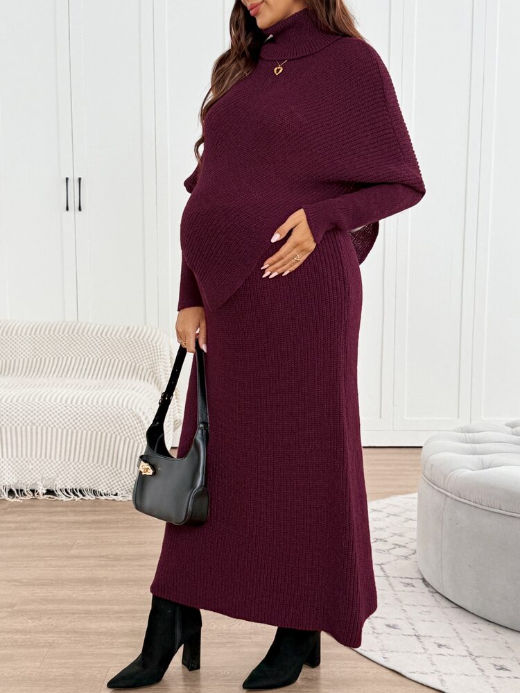 SHEIN Maternity Solid Color High Neck Batwing Long Sleeve Sweater And Adjustable Waist Knit Skirt Set, Autumn Winter Formal Morning Burgundy Casual Elegant - Burgundy - View 5