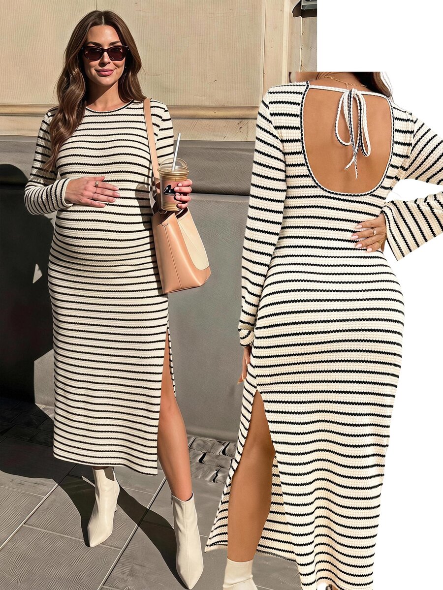 SHEIN 孕婦秋季休閒寬鬆白色側開衩洋裝,適合秋季拍照與正式場合 - 白色 - 查看 1