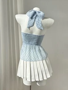 Elamini Sleeveless Turtleneck Ruffled Polka Dot Elegant Blouse For Summer - Blue - View 2