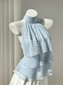 Elamini Sleeveless Turtleneck Ruffled Polka Dot Elegant Blouse For Summer - Blue - View 3