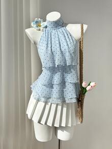 Elamini Sleeveless Turtleneck Ruffled Polka Dot Elegant Blouse For Summer - Blue - View 8