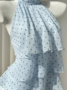 Elamini Sleeveless Turtleneck Ruffled Polka Dot Elegant Blouse For Summer - Blue - View 6