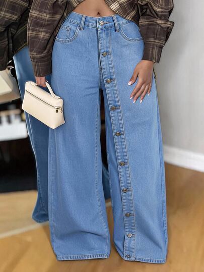 Slaydiva Women's Outdoor Everyday Going Out Street Style Casual Streetwear Button-Up Multi-Pocket Fashion Versatile Light Blue Denim Wide Leg Pants Summer