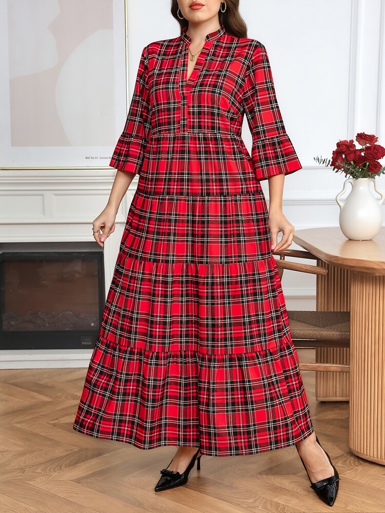Easowa Curve Christmas Plus Size Women's Plaid Cutout V-Neck Ruffle Hem Dress - Multicolor - View 4