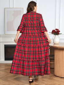 Easowa Curve Christmas Plus Size Women's Plaid Cutout V-Neck Ruffle Hem Dress - Multicolor - View 2