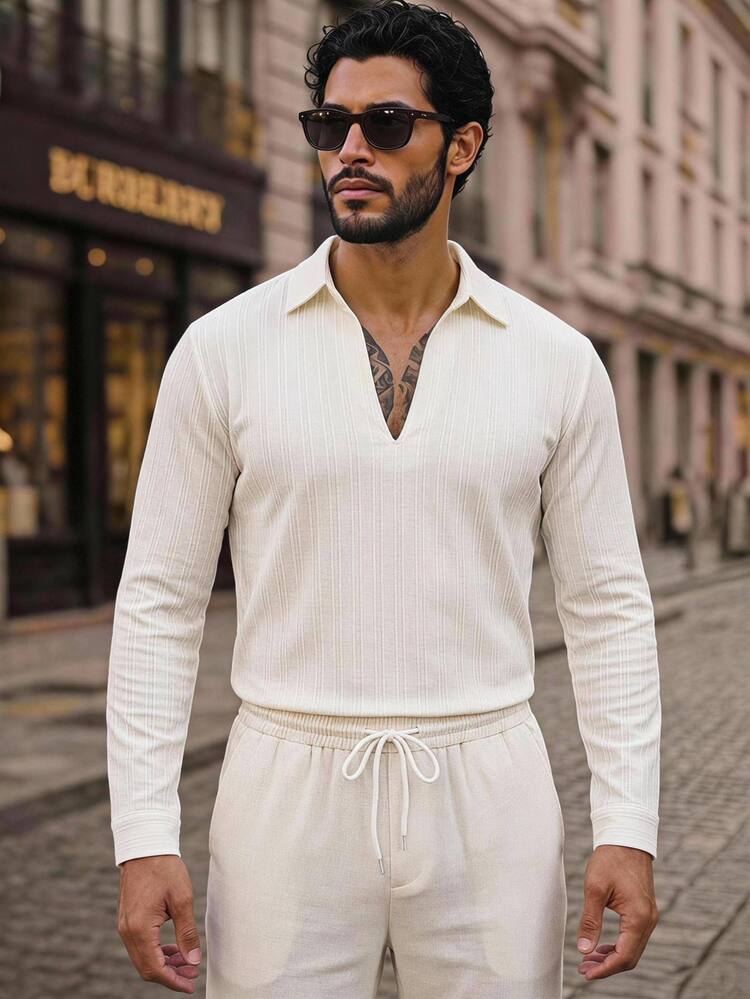 HIMLAND 2pcs/Set Men's Casual Tropical Vertical Stripe Regular Shoulder Curved Hem Shirt And Pants Set Halloween Winter Autumn Beach Vacation Off-White - Multicolor - View 9