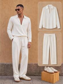 HIMLAND 2pcs/Set Men's Casual Tropical Vertical Stripe Regular Shoulder Curved Hem Shirt And Pants Set Halloween Winter Autumn Beach Vacation Off-White - Multicolor - View 10