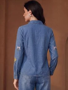 Anewsta Women's Autumn Floral Embroidered Denim Shirt Jacket And Outerwear - Blue - View 8