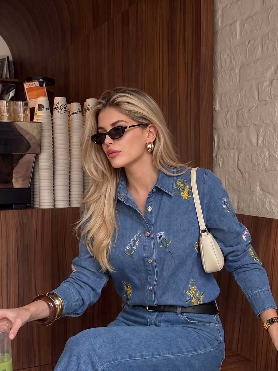 Anewsta Women's Autumn Floral Embroidered Denim Shirt Jacket And Outerwear - Blue - View 1