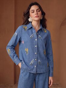 Anewsta Women's Autumn Floral Embroidered Denim Shirt Jacket And Outerwear - Blue - View 7