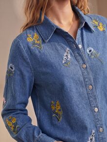 Anewsta Women's Autumn Floral Embroidered Denim Shirt Jacket And Outerwear - Blue - View 1