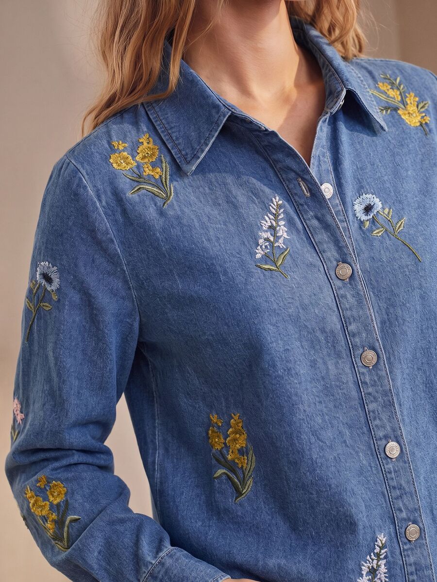 Anewsta Women's Autumn Floral Embroidered Denim Shirt Jacket And Outerwear - Blue - View 1