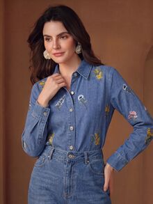 Anewsta Women's Autumn Floral Embroidered Denim Shirt Jacket And Outerwear - Blue - View 5
