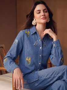 Anewsta Women's Autumn Floral Embroidered Denim Shirt Jacket And Outerwear - Blue - View 3