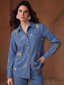 Anewsta Women's Autumn Floral Embroidered Denim Shirt Jacket And Outerwear - Blue - View 6