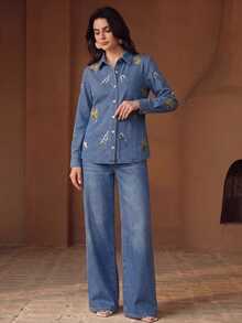 Anewsta Women's Autumn Floral Embroidered Denim Shirt Jacket And Outerwear - Blue - View 4