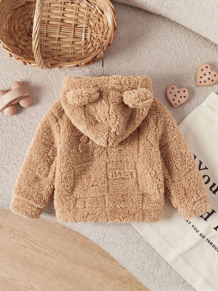 SHEIN Newborn Cute 3D Bear Fabric Double-Sided Plush Hooded Open Front Winter Jacket - Brown - View 2