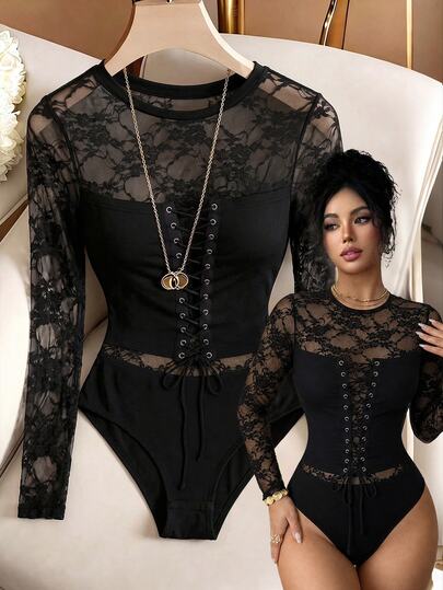 SHEIN Franclia Women's Regular Sleeveless Bodysuit, Colorblock Semi-Sheer Mesh, Eyelet Ribbon, Drawstring, Slim Fit Waist, Can Be Paired With Skirt, Pants, Fashionable Niche Women's Bodysuit, Sexy, Exquisite Elegant, Comfortable Casual, Elegant Vacation, Suitable For Party, Date, Attending Party, Commuting, Office
