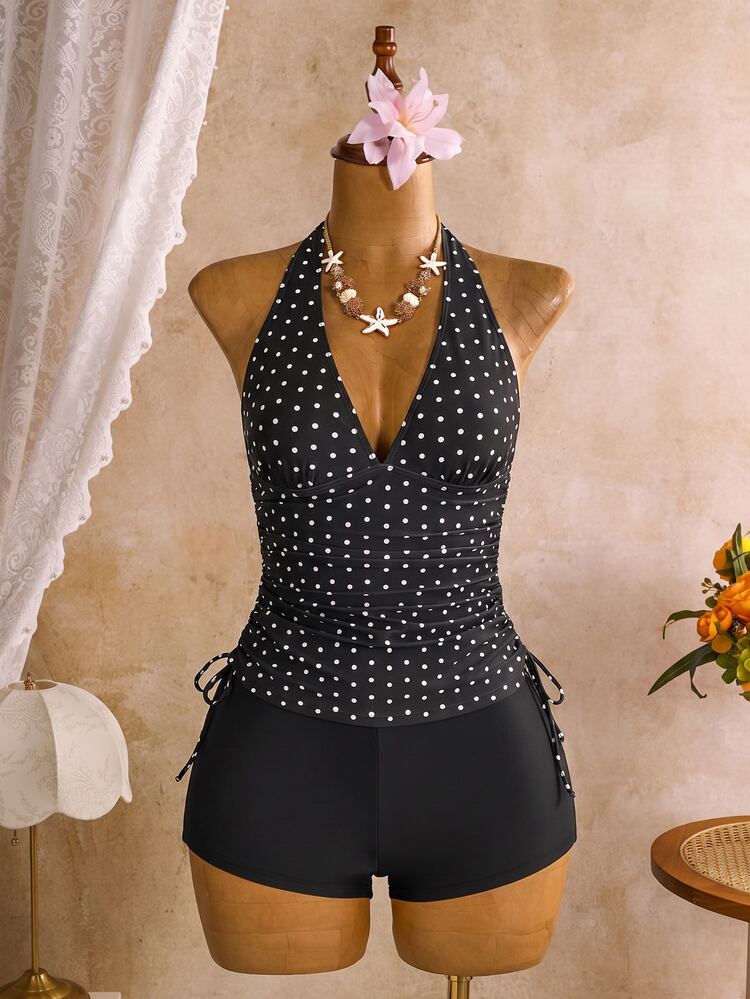 SHEIN Swim Women's Polka Dot Ruffle Halter Tankini And Tankini Bottom Two-Piece Swimwear Set, Suitable For Summer Vacation And Beach - Black and White - View 2