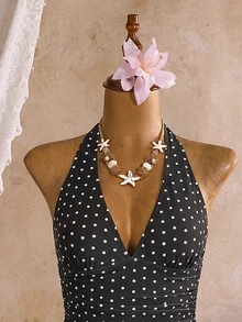 SHEIN Swim Women's Polka Dot Ruffle Halter Tankini And Tankini Bottom Two-Piece Swimwear Set, Suitable For Summer Vacation And Beach - Black and White - View 4