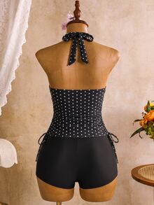 SHEIN Swim Women's Polka Dot Ruffle Halter Tankini And Tankini Bottom Two-Piece Swimwear Set, Suitable For Summer Vacation And Beach - Black and White - View 3