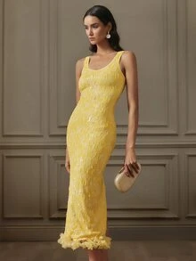 VOLUPTÉ CURVE Women's Spring/Summer Yellow Maxi Dress Sequin Round Neck Sleeveless Slim Fit, Elegant Luxury Vacation Birthday Party Wedding Guest Dress Women - Yellow - View 6