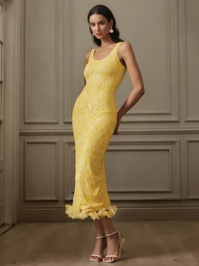 VOLUPTÉ CURVE Women's Spring/Summer Yellow Maxi Dress Sequin Round Neck Sleeveless Slim Fit, Elegant Luxury Vacation Birthday Party Wedding Guest Dress Women - Yellow - View 7