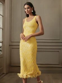 VOLUPTÉ CURVE Women's Spring/Summer Yellow Maxi Dress Sequin Round Neck Sleeveless Slim Fit, Elegant Luxury Vacation Birthday Party Wedding Guest Dress Women - Yellow - View 8