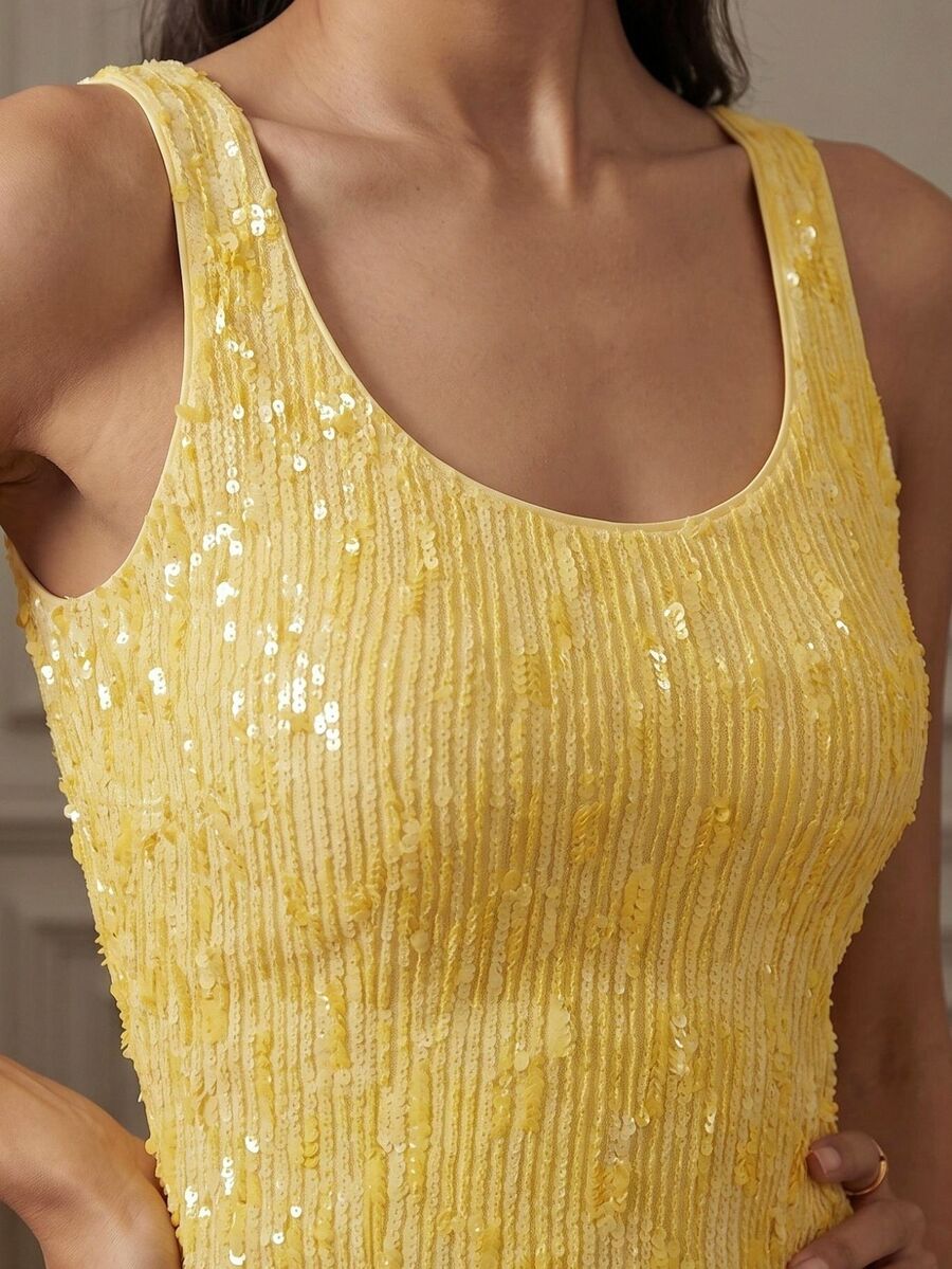VOLUPTÉ CURVE Women's Spring/Summer Yellow Maxi Dress Sequin Round Neck Sleeveless Slim Fit, Elegant Luxury Vacation Birthday Party Wedding Guest Dress Women