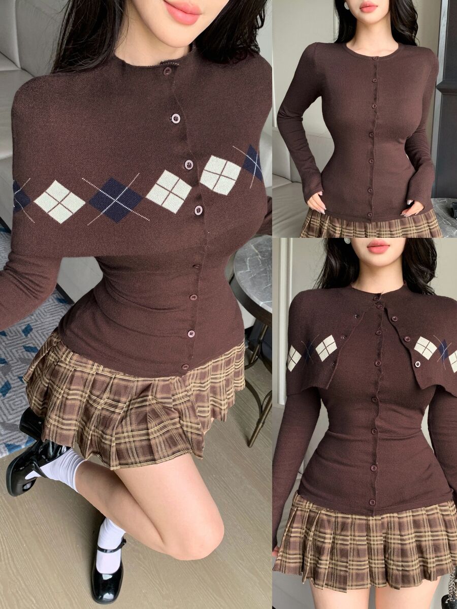 Joudiya Autumn/Winter Brown Argyle Pattern Shawl Collar Long Sleeve Cover Up Sweater, College Style Casual Sweet Women's 2 Pieces Set - Brown - View 1