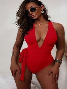 SHEIN Swim Self Tie Plunge One Piece Swimsuit - Red - View 5
