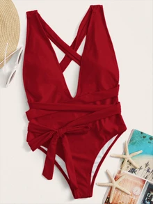 SHEIN Swim Self Tie Plunge One Piece Swimsuit - Red - View 6