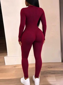 INAWLY Solva Women's Round Neck Long Sleeve Solid Color Fitted Jumpsuit - Burgundy - View 6
