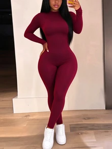 INAWLY Solva Women's Round Neck Long Sleeve Solid Color Fitted Jumpsuit - Burgundy - View 5