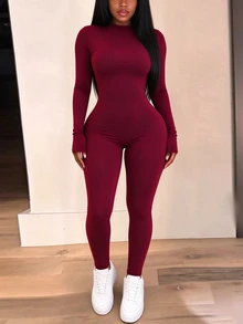 INAWLY Solva Women's Round Neck Long Sleeve Solid Color Fitted Jumpsuit - Burgundy - View 4