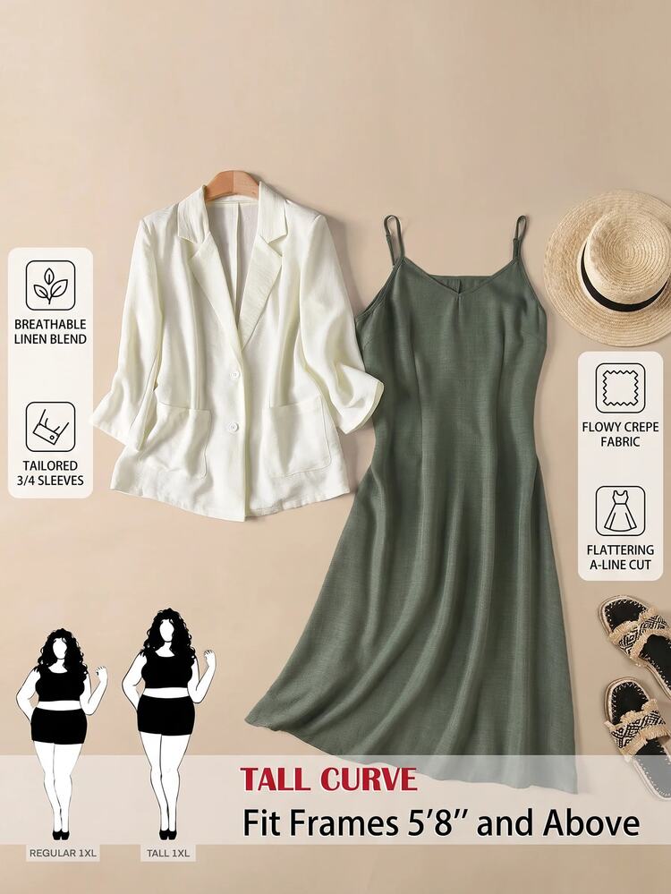 SHEIN Tall CURVE 大尺碼女款純色翻領 3/4 袖夾克與細肩帶洋裝休閒優雅兩件套 正式辦公穿搭 白色橄欖綠 秋季 - 彩色 - 查看 2