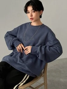 FRIFUL 女式圆领撞色宽松大码套头衫，秋冬季 - 藏蓝色 - 查看 1