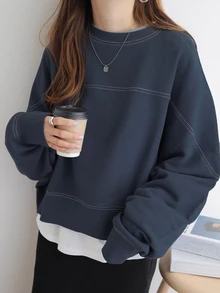 FRIFUL 女式圆领撞色宽松大码套头衫，秋冬季 - 藏蓝色 - 查看 2