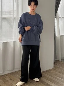 FRIFUL 女式圆领撞色宽松大码套头衫，秋冬季 - 藏蓝色 - 查看 5