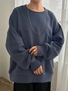 FRIFUL 女式圆领撞色宽松大码套头衫，秋冬季 - 藏蓝色 - 查看 8