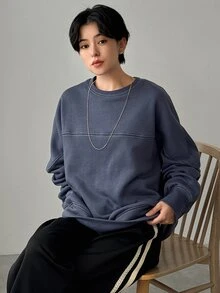 FRIFUL 女式圆领撞色宽松大码套头衫，秋冬季 - 藏蓝色 - 查看 6