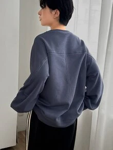 FRIFUL 女式圆领撞色宽松大码套头衫，秋冬季 - 藏蓝色 - 查看 4