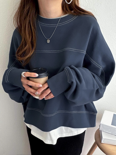 FRIFUL 女式圆领撞色宽松大码套头衫，秋冬季