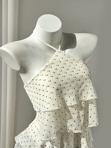 Elamini 女款波點荷葉邊分層細肩帶背心，度假風，修身版型，綁帶式海灘穿搭，春/夏 - 杏色 - 查看 5