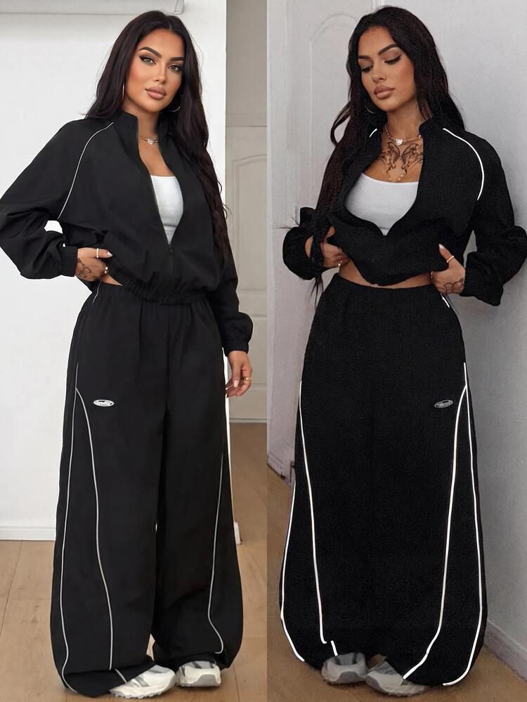 SHEIN PETITE CURVE 大尺碼女款撞色拉鍊長袖上衣褲休閒時尚復古寬鬆兩件套 健身運動 黑色 秋冬 外出度假 - 黑色 - 查看 7