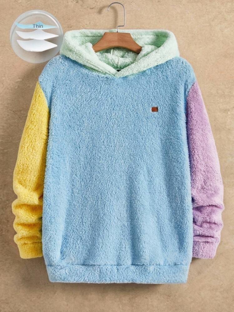 Mainfolk Men's Knitted Casual Fleece Patchwork Pullover Hoodie, Long Sleeve Top, Vintage Y2K Baggy Streetwear, For Vacation, Father's Day Gifts, Football, For Fall Winter, Holiday - Blue - View 1