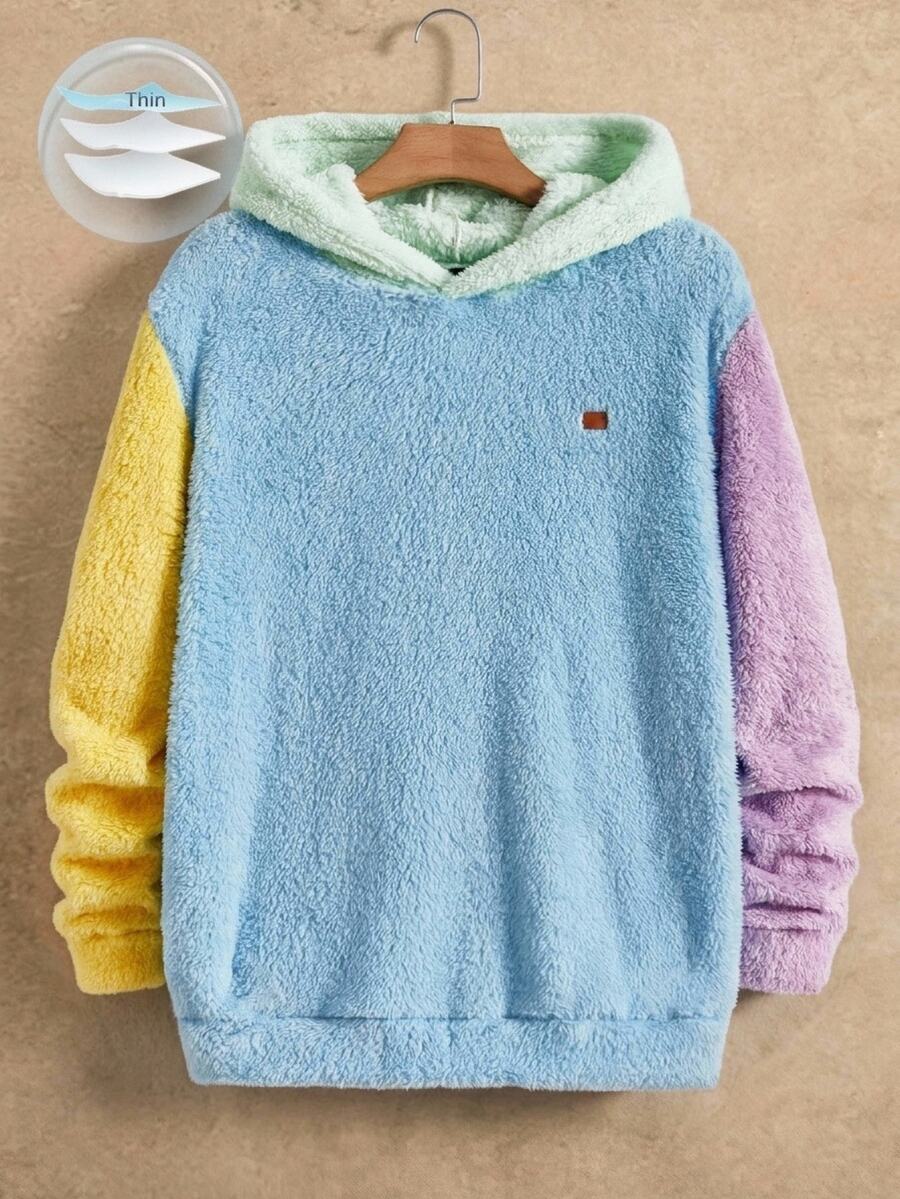 Mainfolk Men's Knitted Casual Fleece Patchwork Pullover Hoodie, Long Sleeve Top, Vintage Y2K Baggy Streetwear, For Vacation, Father's Day Gifts, Football, For Fall Winter, Holiday - Blue - View 1