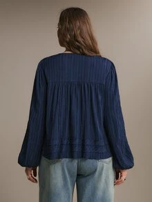 Freevana Women's Plus-Size Long-Sleeve Button-Down Shirt In Blue, Textured Fabric And Puff Sleeves-An Elegant, Casual Choice For Vacation Or Autumn/Winter Wear - Blue - View 2